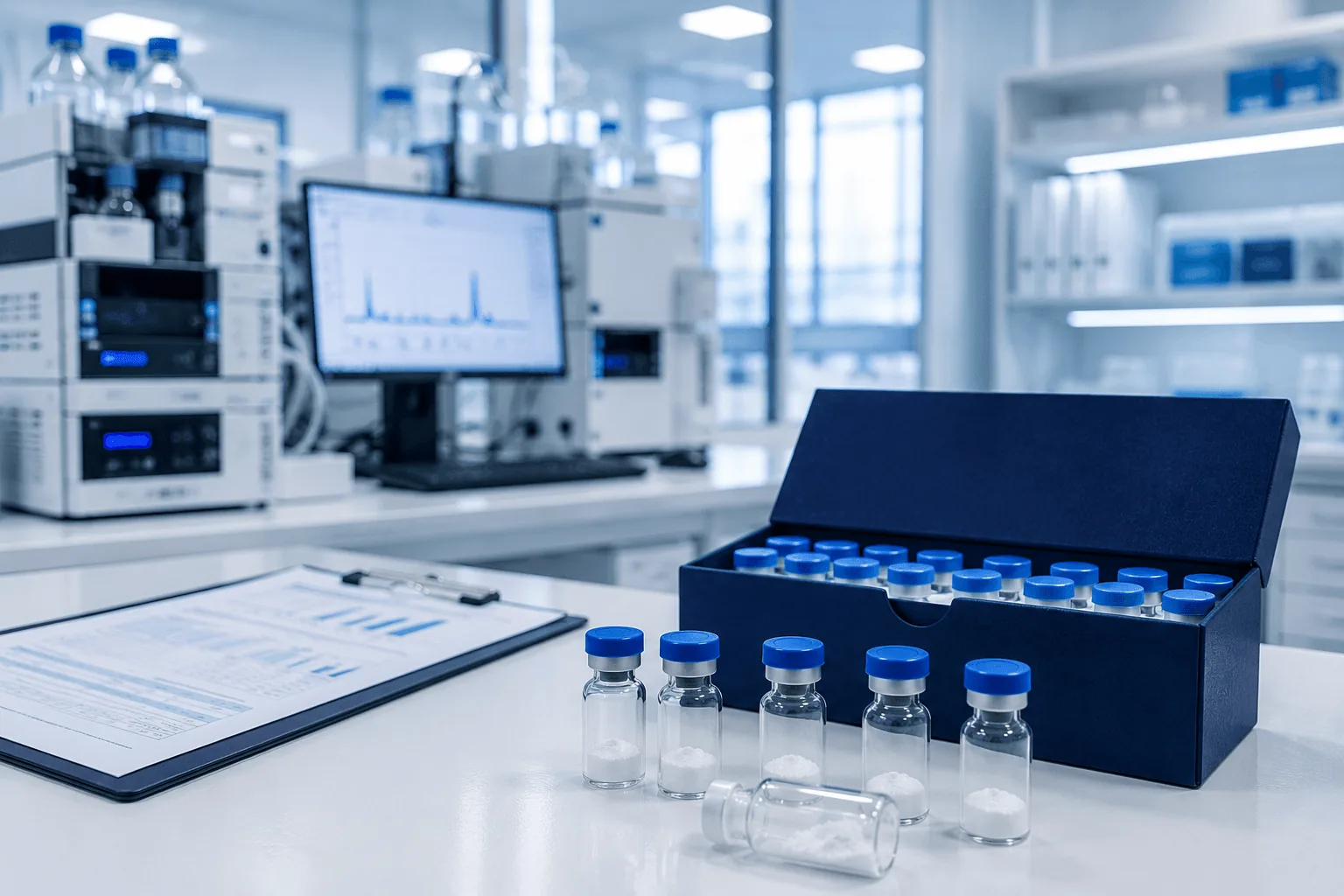 Researchers reviewing peptide quality documentation